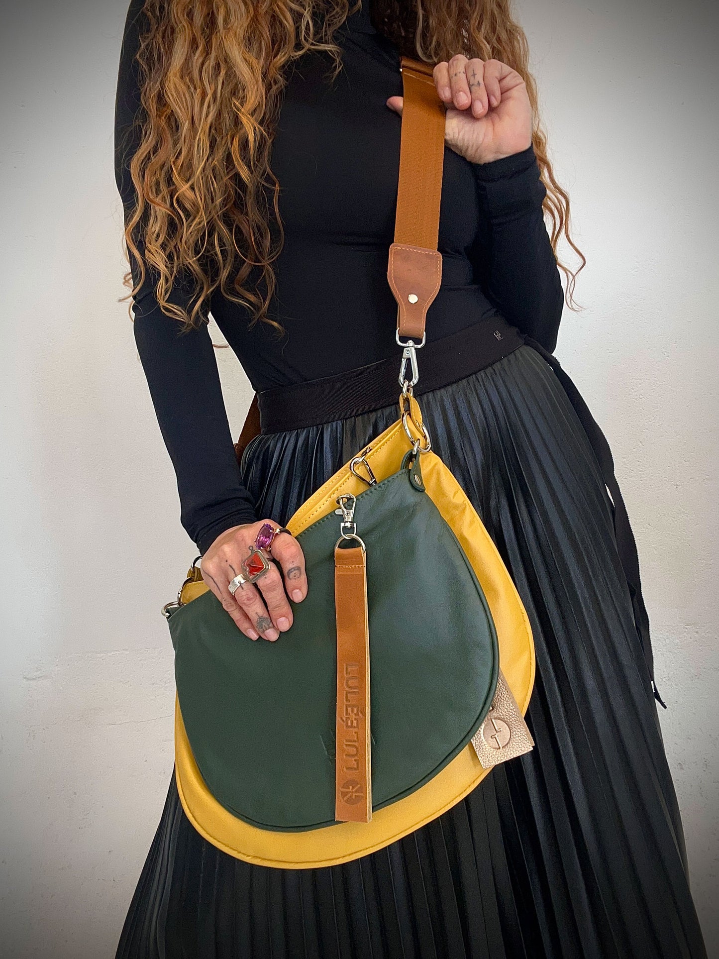 Duo Bag Yellow & Green — handcrafted Colombian leather crossbody bag in green and yellow, worn by model | LULÉ LULÉ