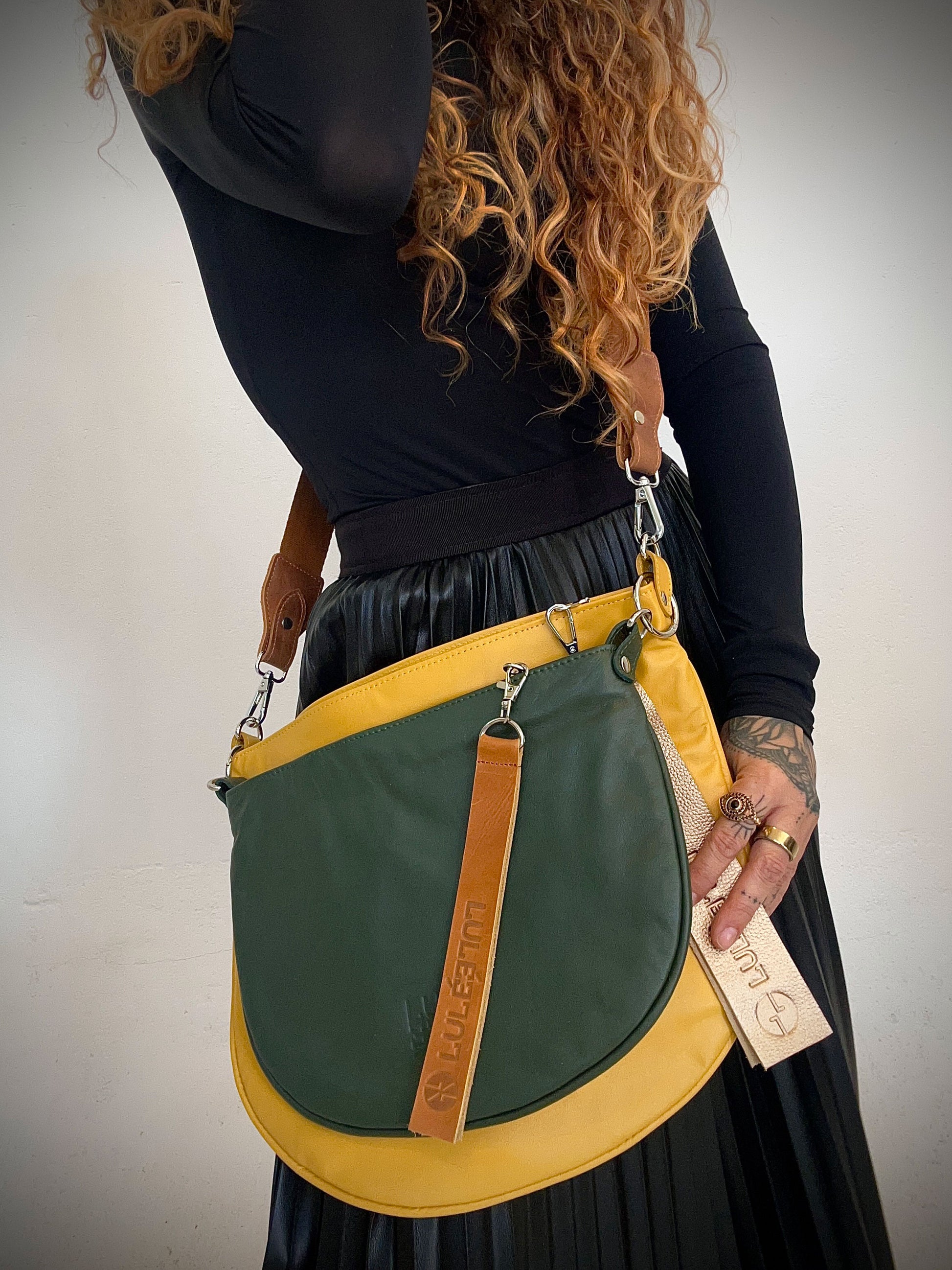 Duo Bag Yellow & Green — modular leather bag with arco silhouette, green and yellow two-tone, handmade in Colombia | LULÉ LULÉ