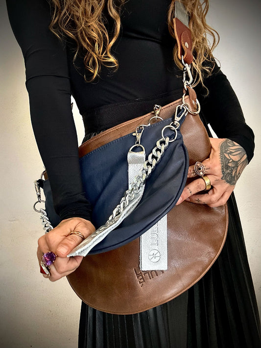 Duo Bag Brown & Dark Blue — two-tone leather crossbody bag with silver chain, worn by model | LULÉ LULÉ