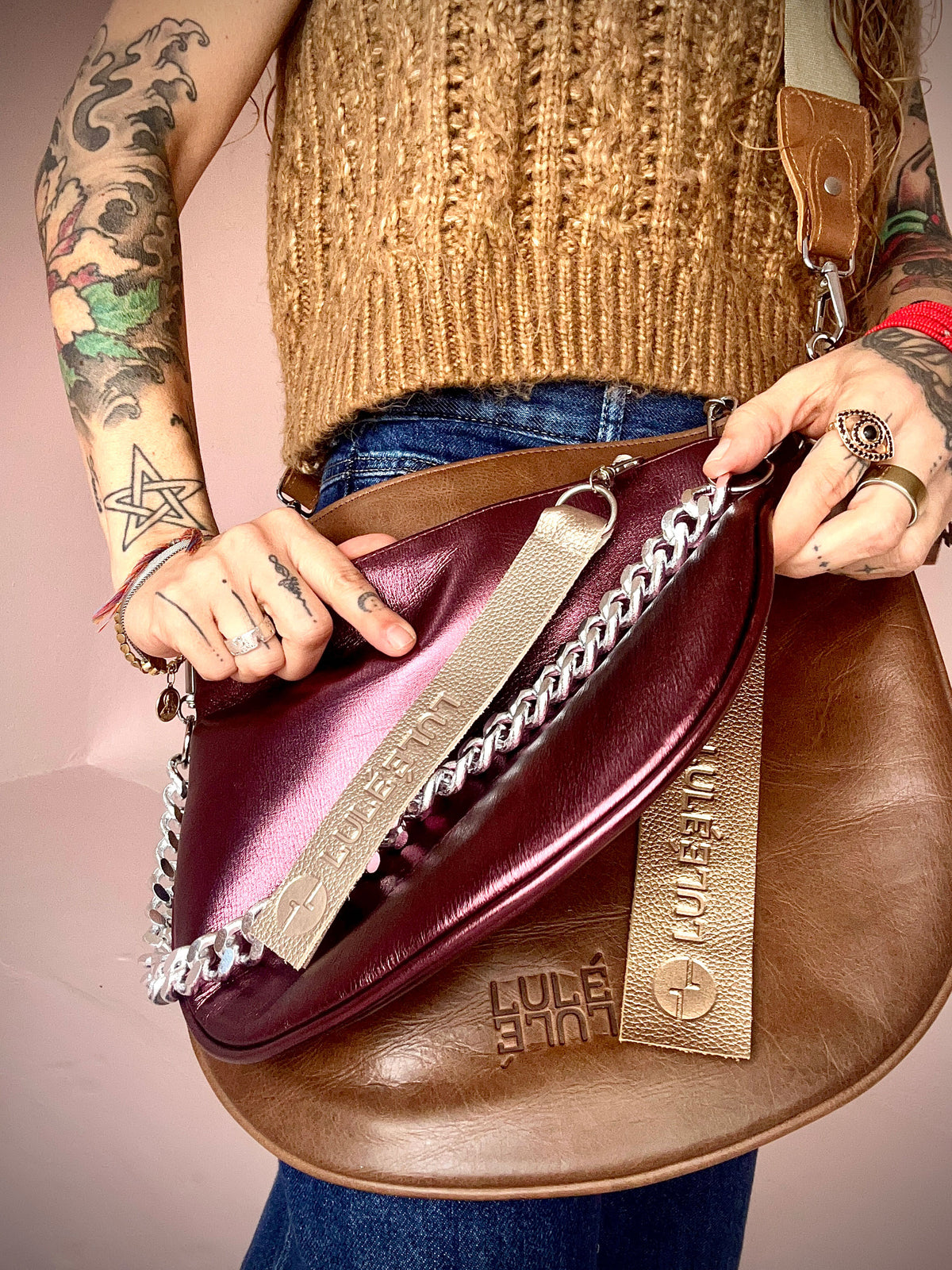 Duo Bag Brown and Metallic Grape