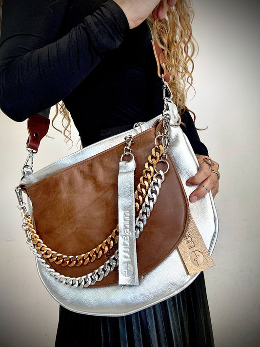 Duo Bag Silver & Brown — two-tone leather crossbody bag with gold and silver chains, worn by model | LULÉ LULÉ