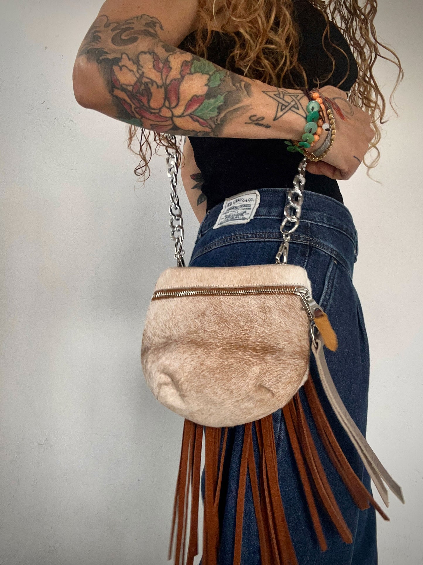 Pocket Bag White and Beige "hair-on-hide"