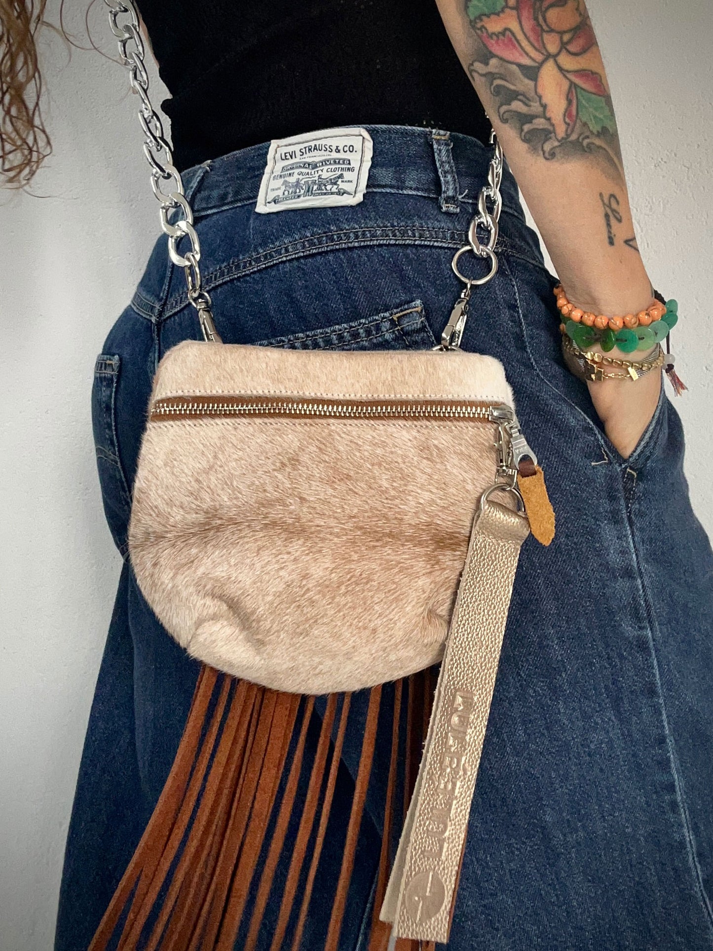 Pocket Bag White and Beige "hair-on-hide"